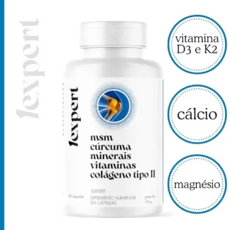 Fórmula completa com Cúrcuma, MSM, Colágeno Tipo II, Vitaminas D3 + K2 e minerais. Mais equilíbrio e bem-estar em 60 cápsulas da 1EXPERT®.